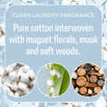 Load image into Gallery viewer, A promotional graphic with text reading, Fresh Scents White Cotton - Sachet 3pk. Pure cotton, lily of the valley, musk, and soft woods for a long-lasting fragrance above images of cotton, florals, and wood pieces.