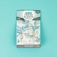 Load image into Gallery viewer, The Fresh Scents Painted Palm - Sachet 3pk features palm tree designs on turquoise, offering a fresh fruity fragrance in three long-lasting flameless sachets.
