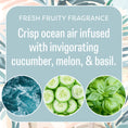 Load image into Gallery viewer, A graphic promotes Fresh Scents Painted Palm - Sachet 3pk: Crisp ocean air with cucumber, melon, and basil for a long-lasting fresh fragrance. Below are images of ocean waves, cucumber slices, and basil leaves.
