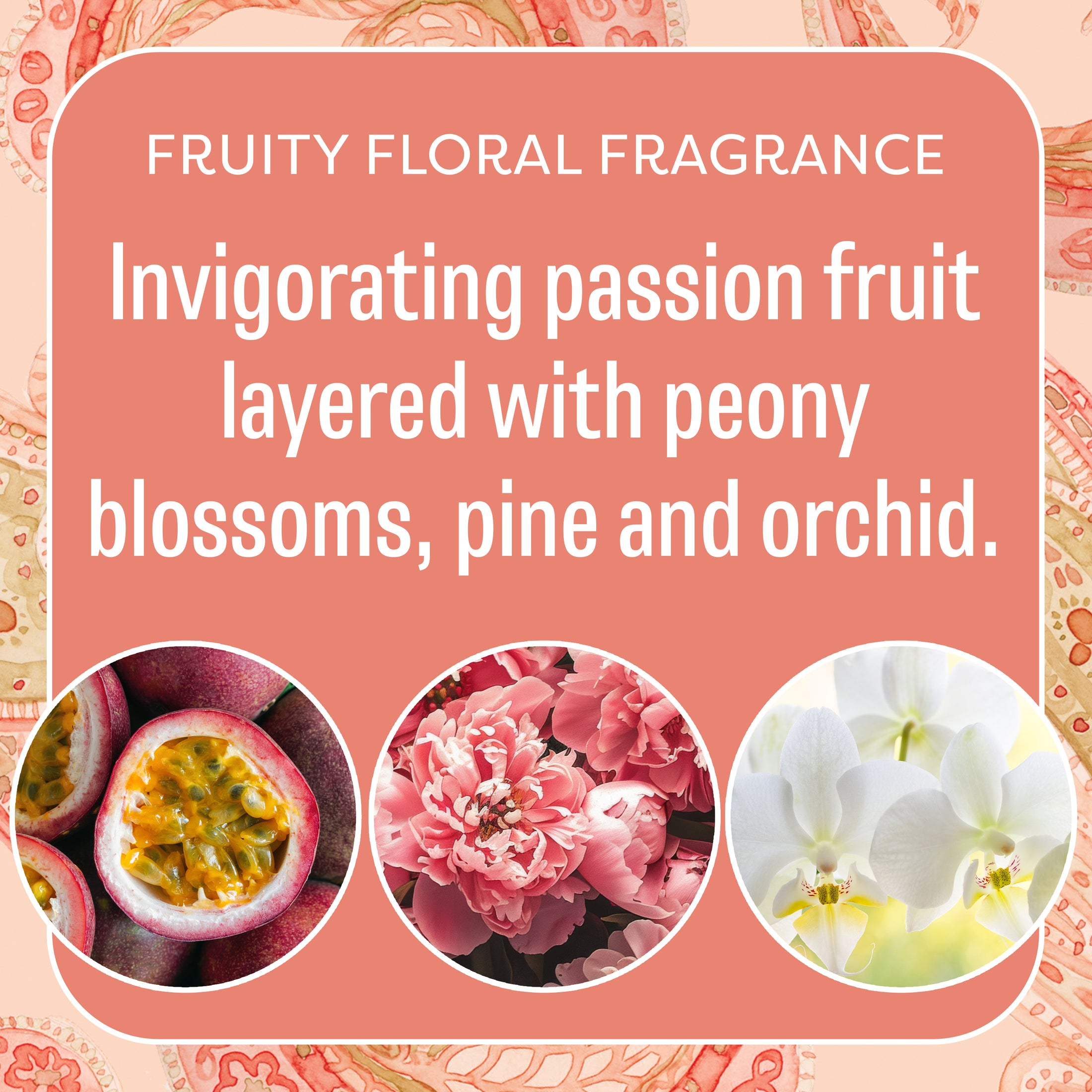 A graphic with text: Fruity Floral Fragrance. Summer Romance - Sachet 3pk by Fresh Scents features passion fruit, peony, and orchid scents—ideal for flameless fragrance or scented sachets. Includes images of passion fruit, peony, and orchids.