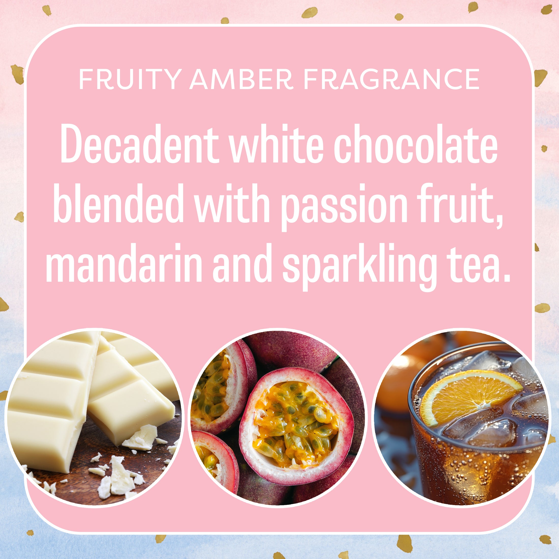 A graphic reads: Fruity Amber Fragrance—decadent white chocolate, passion fruit, mandarin & sparkling tea. Ideal for Fresh Scents' Little Sparkle Sachet 3pk flameless air freshener. Images: white chocolate, passion fruit, iced tea with orange slice.