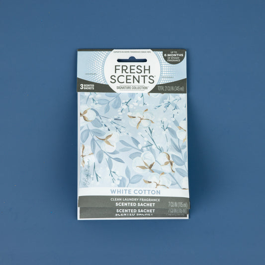 Fresh Scents White Cotton - Sachet 3pk features floral artwork and a clean laundry scent, providing a long-lasting, flameless air freshener option.