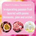 Load image into Gallery viewer, A pink graphic showcases Fresh Scents' Hello Gorgeous - Sachet 3pk, a fruity floral fragrance with passion fruit, peony, pine, and orchid. Circular images of these notes appear at the bottom—ideal for sachets or flameless freshening.
