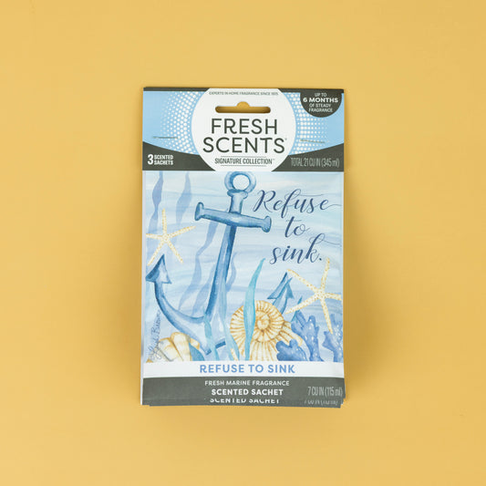 Fresh Scents Refuse To Sink - Sachet 3pk features a nautical anchor, seashells, and starfish on blue. Enjoy long-lasting flameless fragrance with these air fresheners in a fresh marine scent.