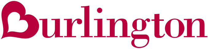 The image shows the Burlington logo with the word Burlington in red text. The letter B is stylized to resemble a heart shape on the left side of the logo.