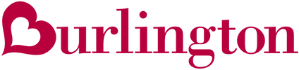 The image shows the Burlington logo with the word Burlington in red text. The letter B is stylized to resemble a heart shape on the left side of the logo.