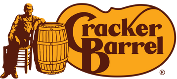 The Cracker Barrel logo features a man sitting on a chair next to a large wooden barrel, with the words Cracker Barrel in bold, brown letters on a large yellow oval background.