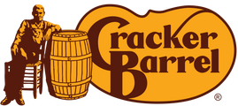 The Cracker Barrel logo features a man sitting on a chair next to a large wooden barrel, with the words Cracker Barrel in bold, brown letters on a large yellow oval background.
