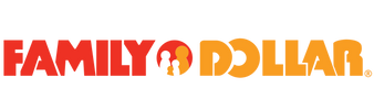 Family Dollar logo with Family in bold red letters and Dollar in orange letters. The O in Dollar contains silhouettes of three people, representing a family.