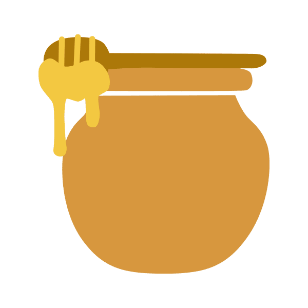 A simple illustration of a honey jar with a honey dipper resting on top, dripping honey down the side. The background is plain and light-colored.