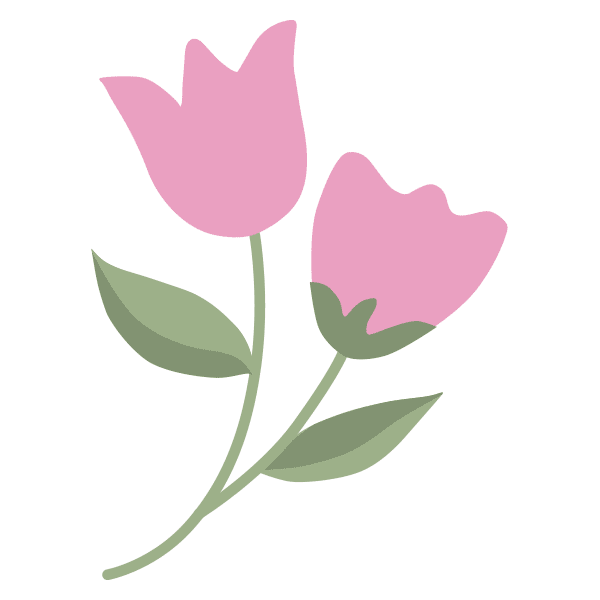 Simple illustration of two pink flowers with green stems and leaves on a light background. The flowers have rounded petals, and the overall design is minimalistic and stylized.