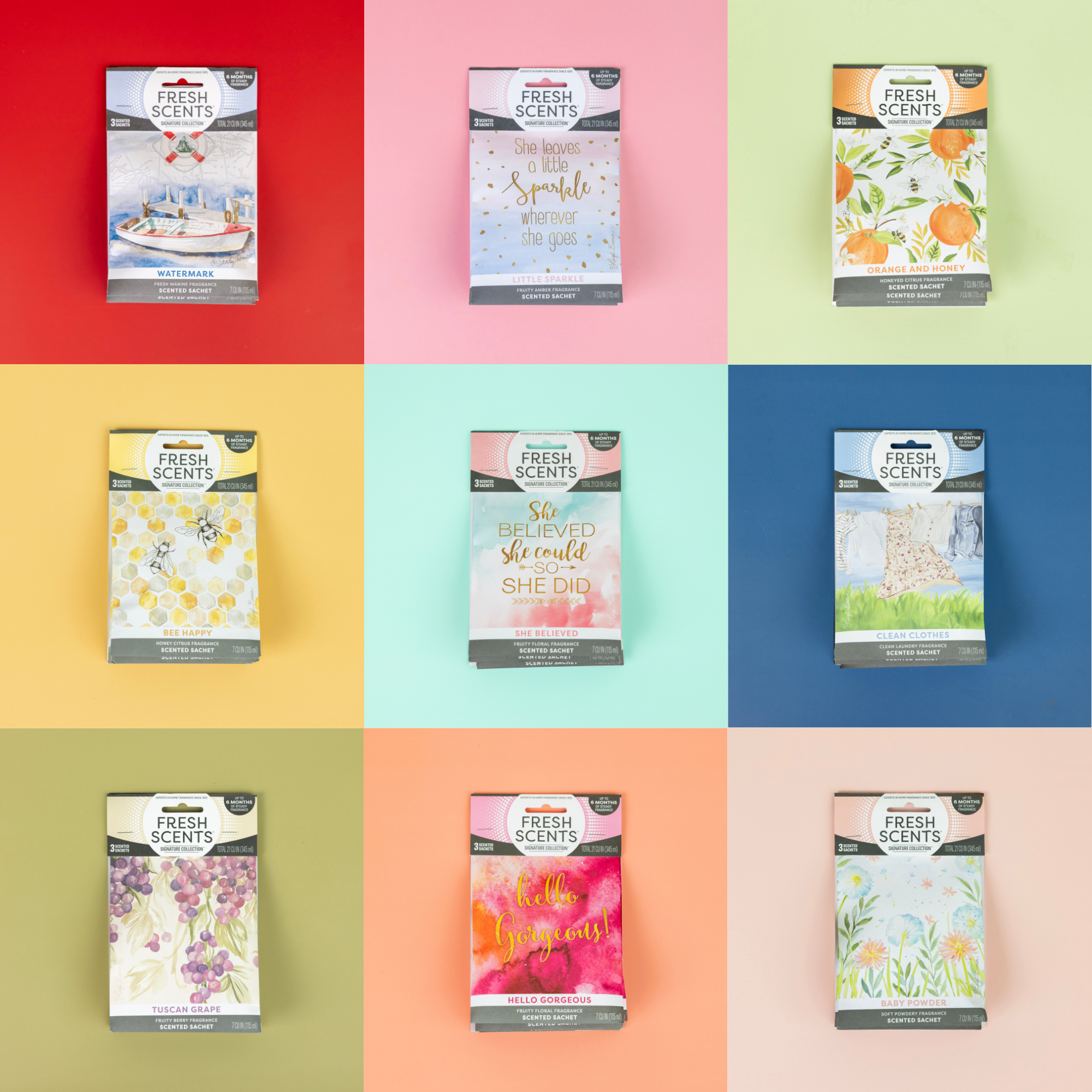 Nine Fresh Scents sachet packets are arranged in a 3x3 grid on colorful backgrounds, each with different floral or inspirational designs and scents, including citrus, lavender, and tropical themes.