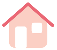 Simple illustration of a light pink house with a red roof, a white door, and a single window with a red cross design.