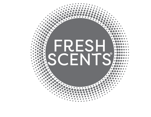 Gray circular logo with the words FRESH SCENTS in white, surrounded by a dotted halftone pattern forming a larger circle. The background is white.