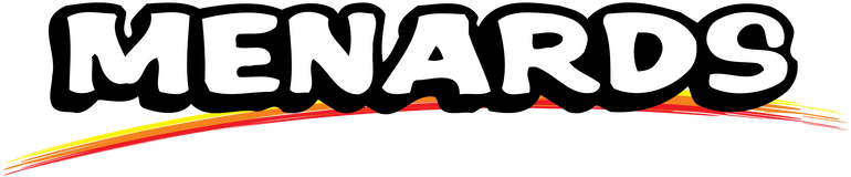 The image shows the Menards logo with bold, white, cartoon-style letters outlined in black above red, yellow, and orange curved brush strokes.