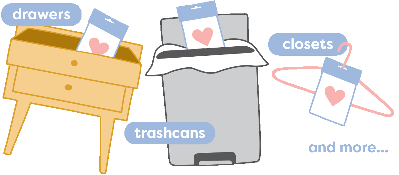 Illustration of scent packets with hearts placed in a drawer, a trashcan, and on a clothes hanger in a closet. Labels read drawers, trashcans, closets, and and more...